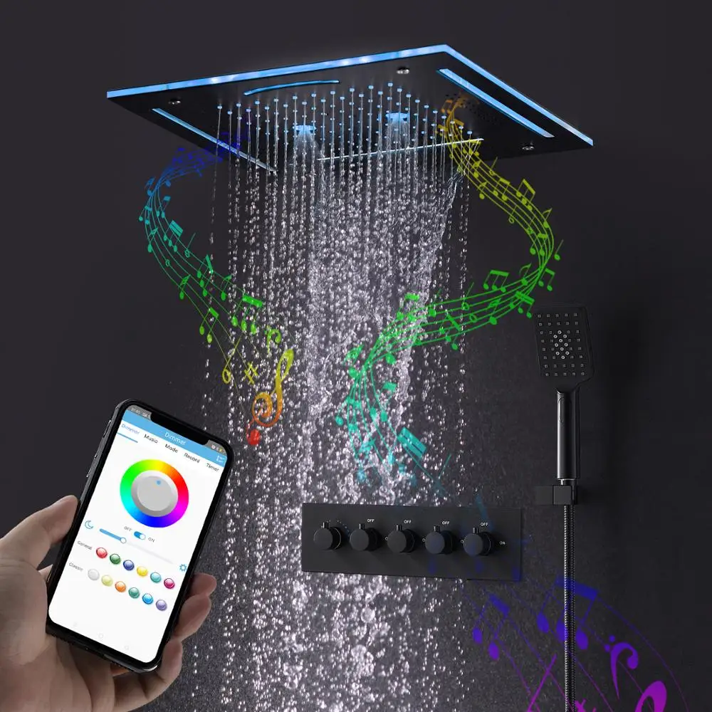 Modern Bluetooth Music LED Shower Set Matte Black Waterfall Rain Head System Bathroom Thermostatic Mixer Faucets | Обустройство дома