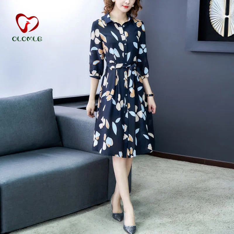 

Large Size Chiffon Printed Dress Female Retro 2021 New Waist Three-quarter Sleeve Shirt Dress Loose Body Covering Bohemian Dress