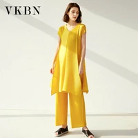 vkbn summer 2 piece set women short sleeve elastic waist high waist straight trousers suit v neck pleated stretch fabric