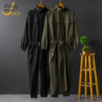 hooded hip hop jumpsuit men long sleeve romper cargo overalls streetwear jumpsuits men loose solid army green black jumpsuit
