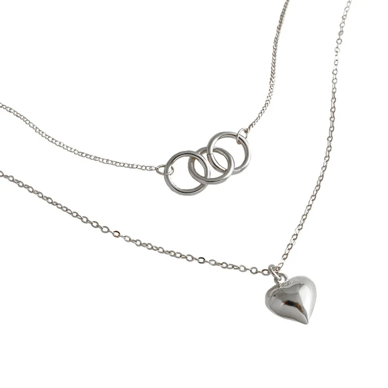 

Korean 925 Silver Sterling Women's Love Heart Pendant Double Layer Necklace Personality Silver Jewelry