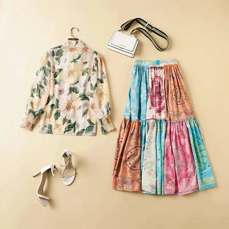 

High Quality Runway Designers Spring Women Outfits Elegant Lady Bow Collar Floral Print Chiffon Shirt and Vintage Skirt Sets