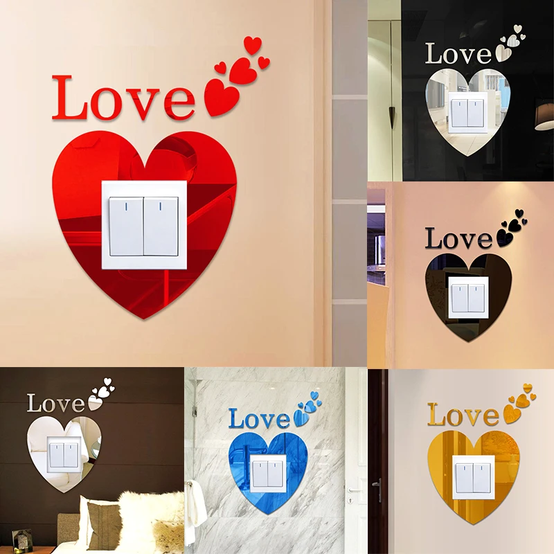 

1PC Acrylic Mirror Reflective Switch Stickers Love Socket Protection Switch Cover Wall Stickers For Kids Couple Home Decoration