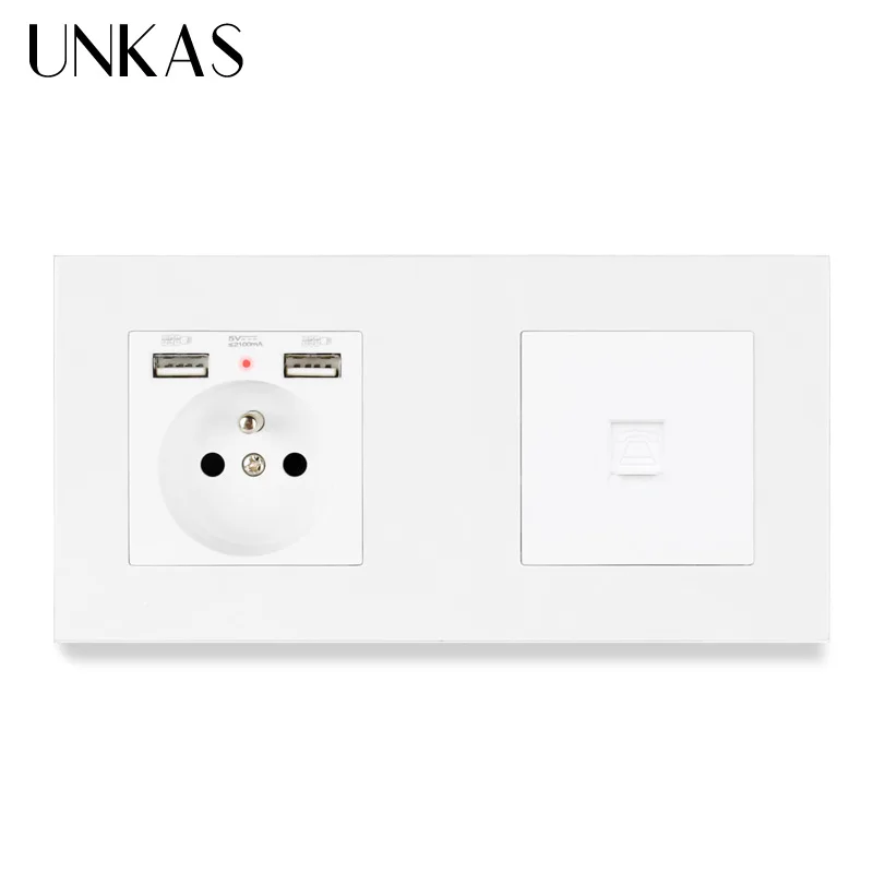 Французская стандартная электрическая розетка UNKAS с 2 USB-портами для зарядки + 1