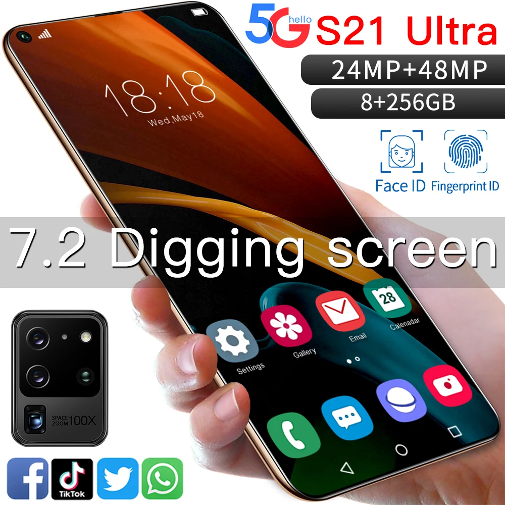 

Mobile phone S21 Ultra 7.2 Inch Smartphone 10 Core 5800mAh 8+256GB 24+48MP Full Screen Face ID 4G 5G Android Cellphone