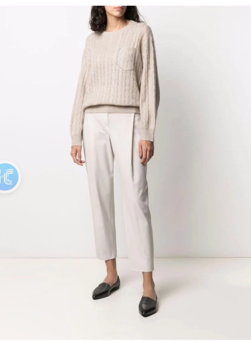 

2021 New Round Neck Single Strand Twisted Rope Pocket Chain Design Leisure Style Cashmere Sweater Women's Top