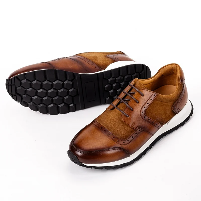 Мужские кроссовки с круглым носком KUD371 коричневые из натуральной коровьей замши