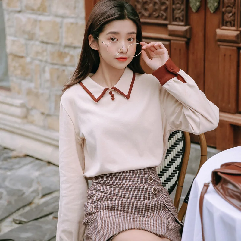 

HKCP Casual Fashion Women Tshirts Cotton Solid Office Lady Long Sleeve Button Turn-down Collar Autumn Winter 2020 New