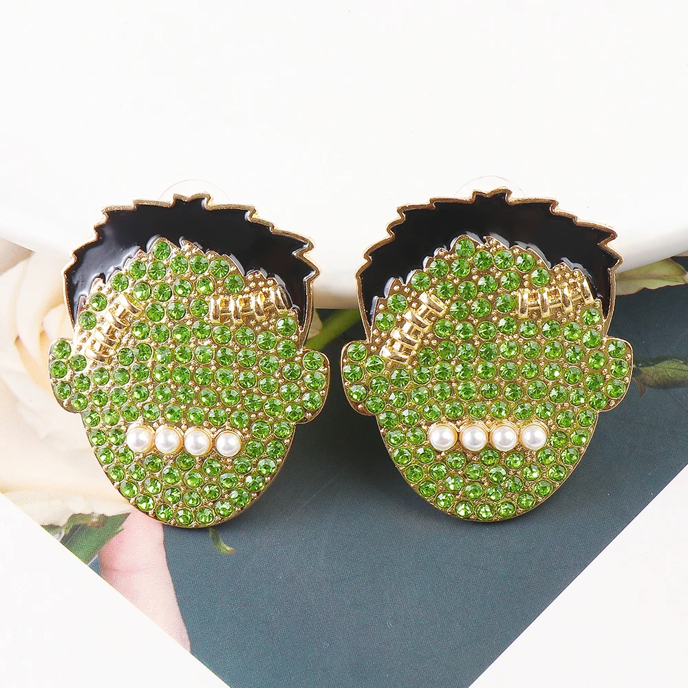 

2021 Rhinestone Cartoon Earrings ​Crystal Halloween Green Face Earring Luxury Party Earing for Women Jewelry Fashion Gift