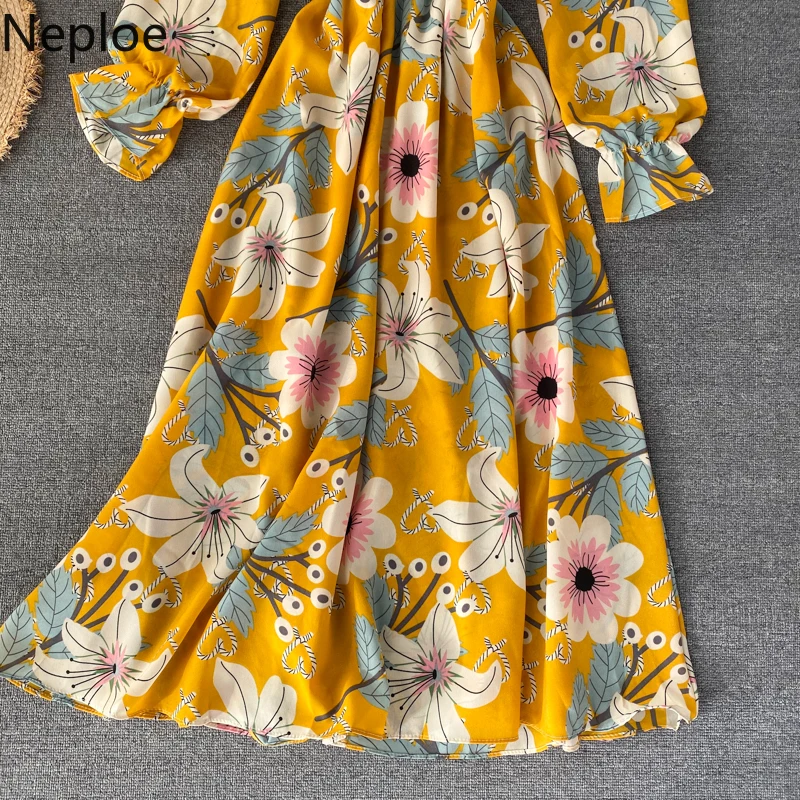 

Neploe Chiffon Print Dress Women Korean Chic Bow Stand Collar Slim Waist Dresses 2021 Button Puff Sleeve A Line Vestido 80819