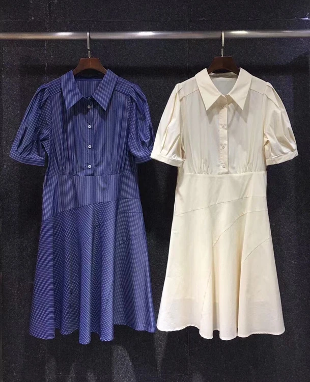 

2021 new women fashion lapel stripe decoration short sleeve dress 510