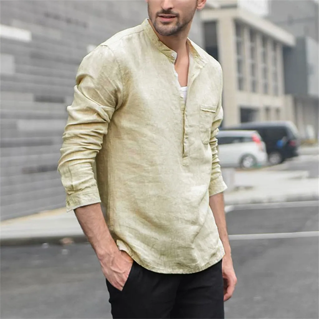 

New cotton and linen long-sleeved men's retro solid color button linen solid color long-sleeved retro shirt top 40*