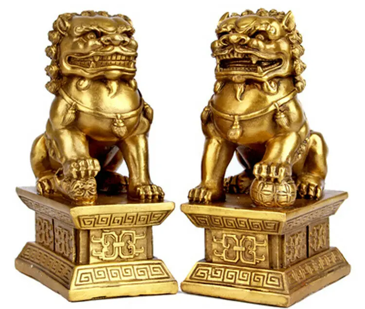 

15cm Archaic lion brass statue Fu Foo Dog fengshui Door guard lions Statues pair