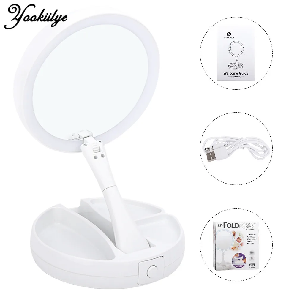 

Foldable Led Makeup Mirror 7X Magnifying Table Mirrors Vanity Cosmetic Mirror with Light Double-sided USB Charging Storage White