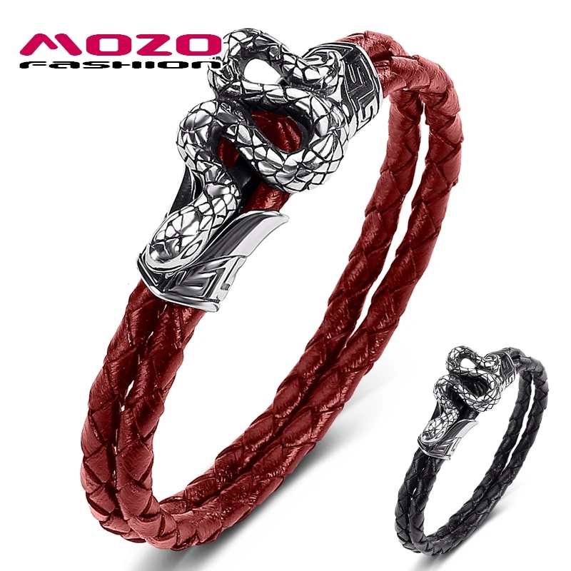 

MOZO FASHION 2021 New Men Jewelry Black Genuine Leather Bracelet Stainless Steel Punk Snake Charm Simple Wholesale Gifts 541