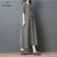 2020 summer new loose large size womens fashion irregular patchwork cotton and linen short sleeve plaid dress