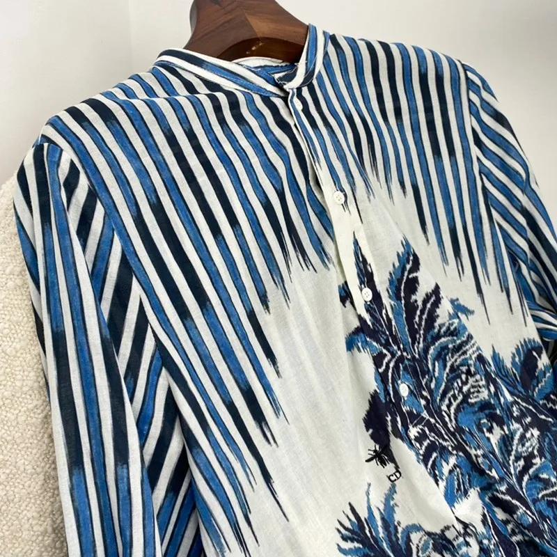 2021 Spring Women Fashion Top Quality Placing Print Long Skirt Suit for Elegant Long Sleeve Stand Collar Blouse