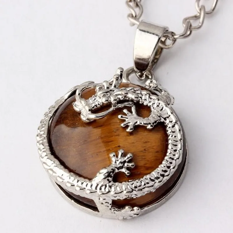 Tiger Eye Ожерелья, подвески женские натуральный камень, Фиолетовый Кристалл розовый с кварцевым тигровым глазом рок плоские круглые бусины Дракон фурнитура женские ювелирные изделия - Metal Color: Tiger Eye