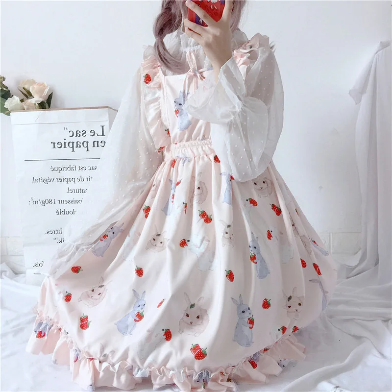 

Japan Sweet Cute Kawaii Lolita Dress Girl Strawberry Print Ruffle Sleeveless Strap Dresses Women Black Pink Princess Maid Dress