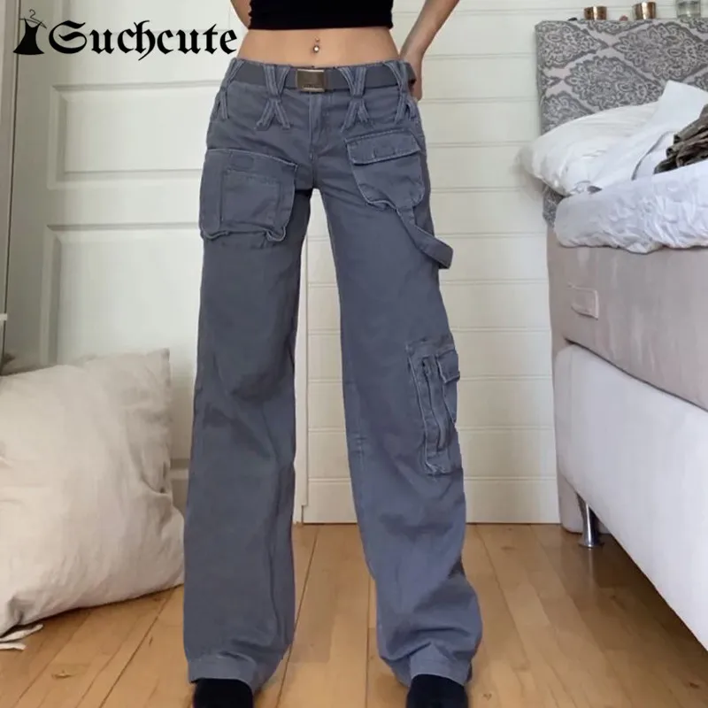 

SUCHCUTE Vintage Pockets Patchwork Cargo Jeans Casual Streetwear Women Baggy Denim Trousers Harajuku Lady Pants Grunge Fairycore