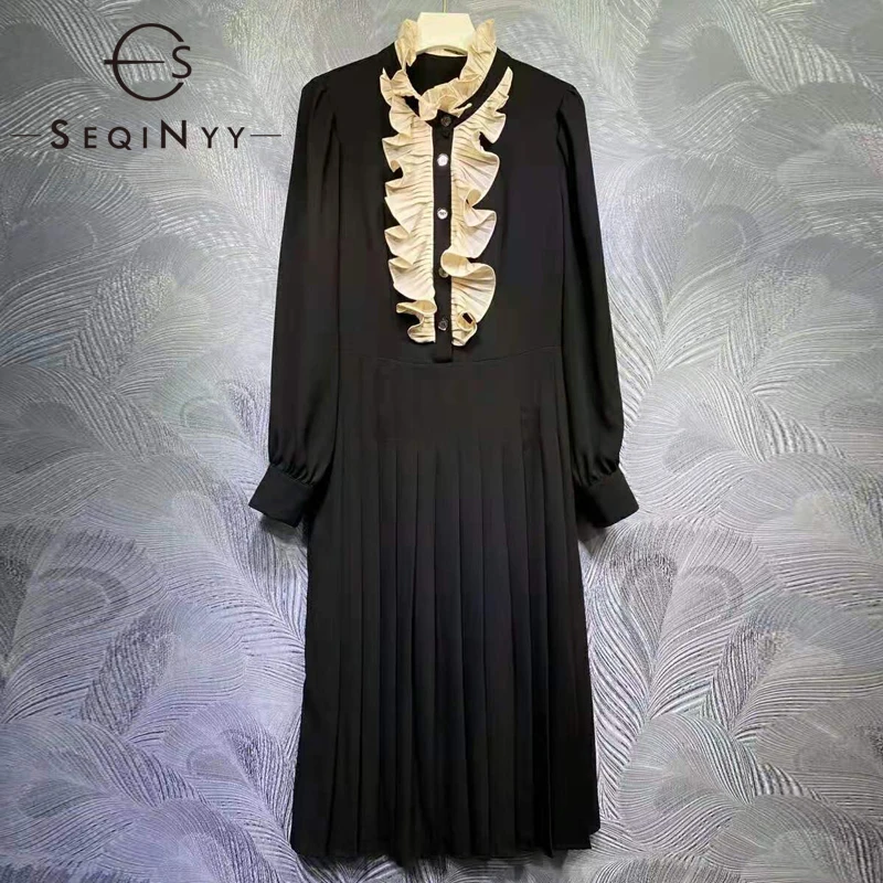 

SEQINYY Office Lady Dress Summer Spring New Fashion Design Women Runway Ruffles Pleated Knee Casual