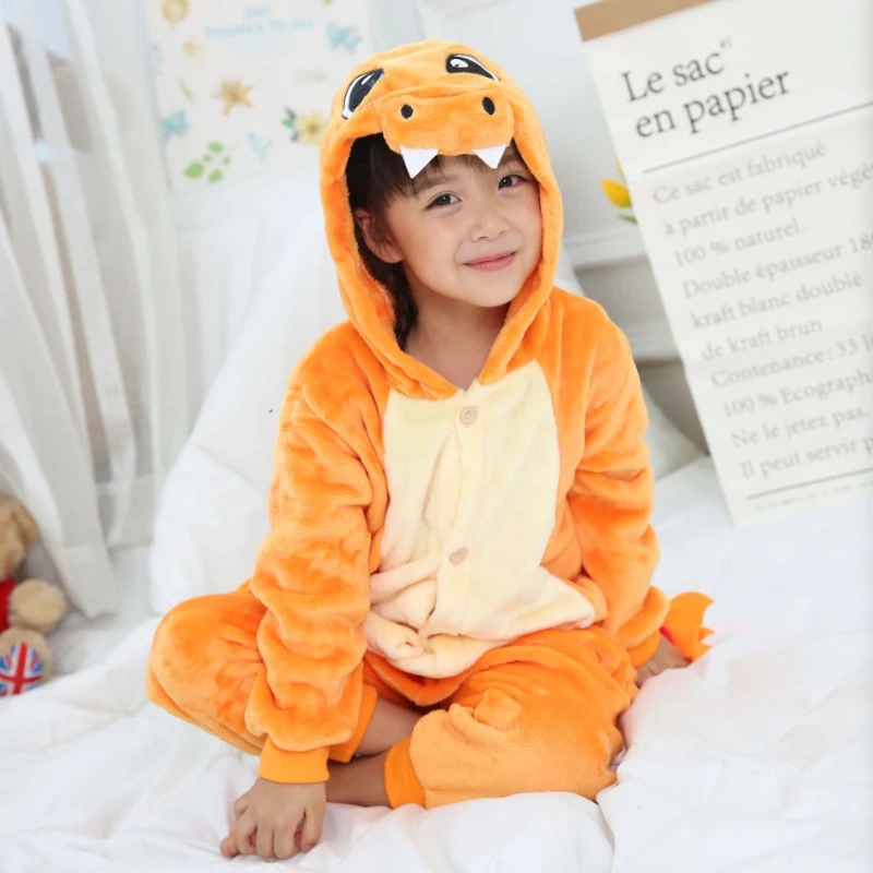 Orange Dragon Фланелевая Детская Пижама; комплект зимней одежды с капюшоном с изображением единорога, Пикачу, стежка; детские пижамы для мальчиков и девочек; одежда для сна; комбинезоны - Цвет: Orange Dragon