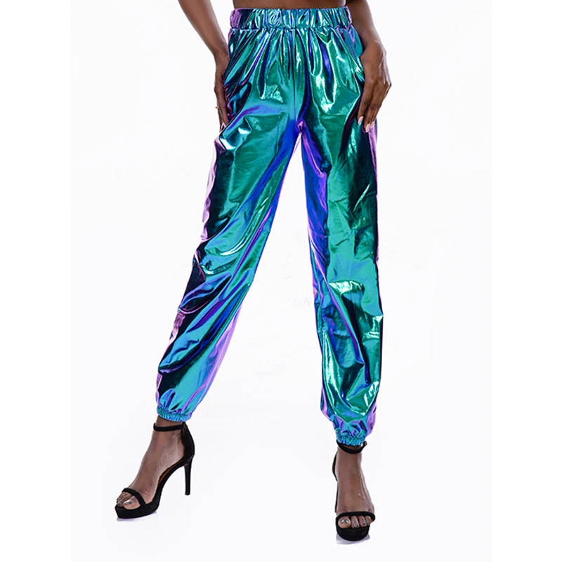 

Leisure sports Street hip hop party shiny magic pants Club wear holographic shiny metal high waist loose women's pants