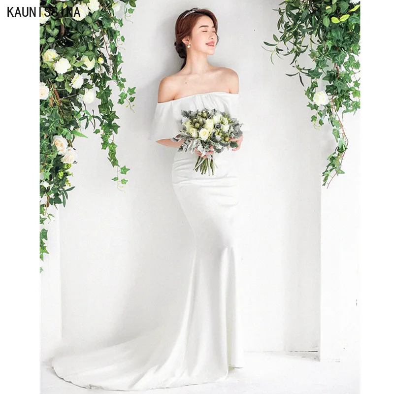 

KAUNISSINA Wedding Dresses Satin Mermaid Train Bride Dress Women Elegant Off Shoulder Bridal Gown Customized Vestido De Novia