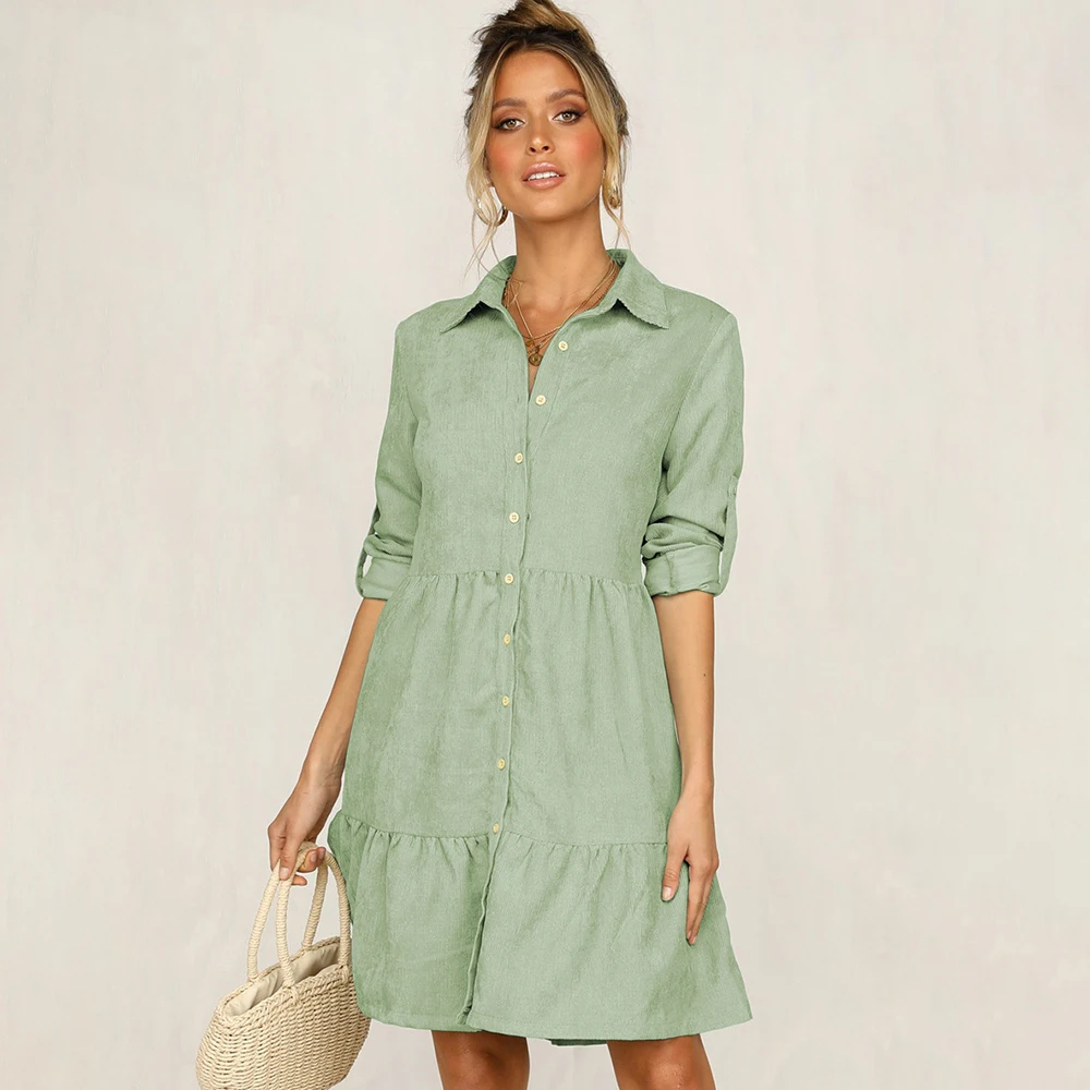 

Платье-рубашка женское с отложным воротником, однобортное повседневное свободное офисвечерние вечернее мини-платье с длинным рукавом, бел...