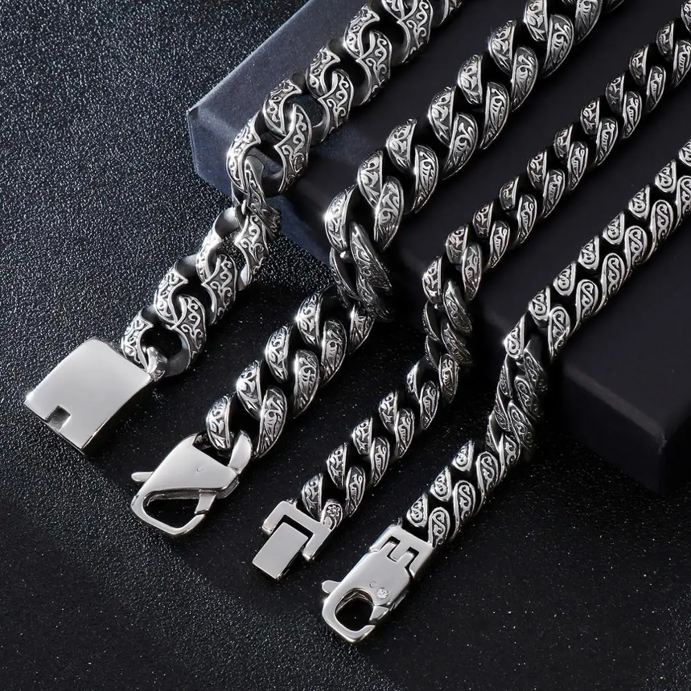 

Vintage Punk Rock Curb Cuban Link Chain Bracelet Men Stainless Steel Mysterious Symbol Charm 22cm Bracelet