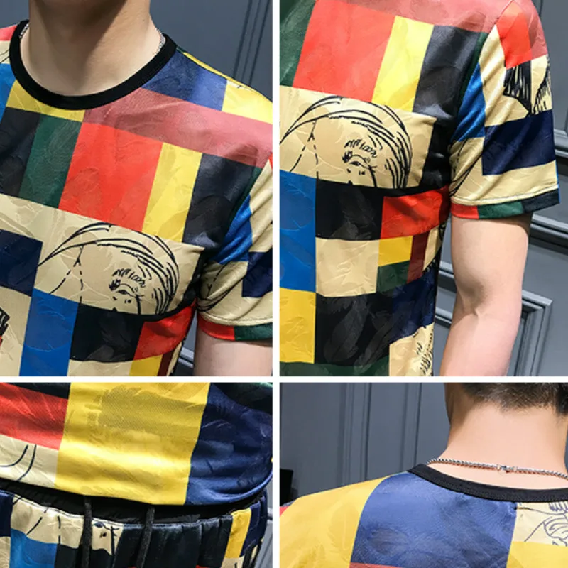 

Brand Casual 2021 Suits Plaid Print Tracksuit Men 2Pcs Tshirt Sweatpants Streetwear Nightclub Party Social Sets Men Clothes