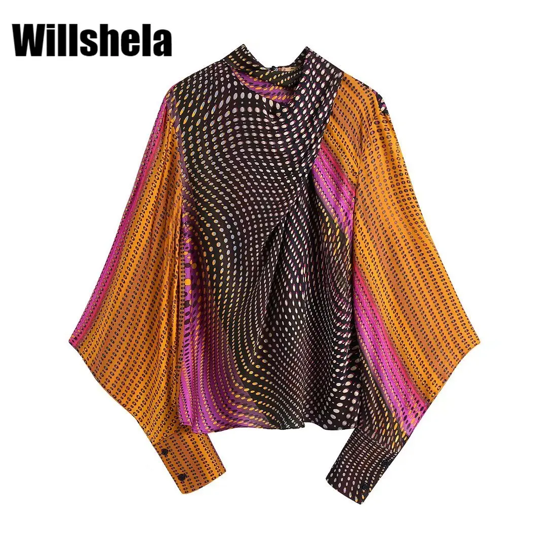 

Willshela Women Fashion Printed Blouse High Flowing Collar with Bow Long Cuffed Sleeves with Vent Chic Lady Woman Casual Top