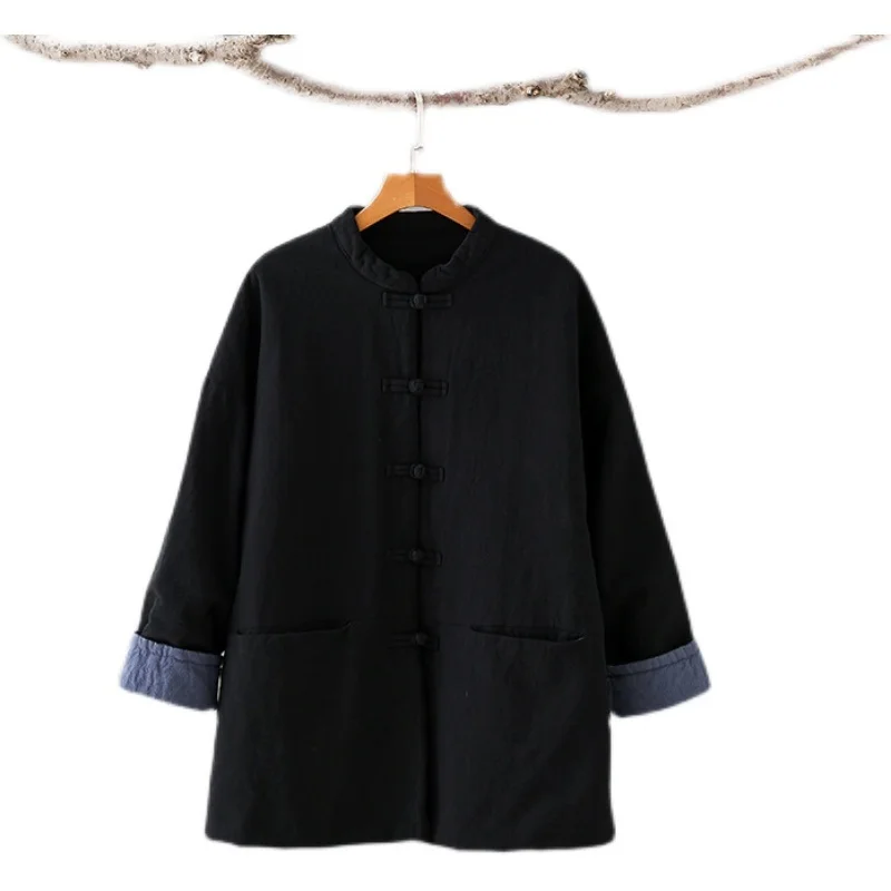Черное теплое хлопковое пальто в китайском стиле ханьфу для женщин Осень-зима