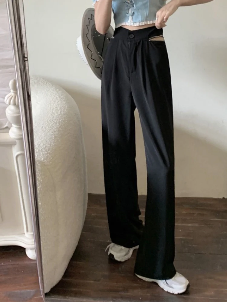 

Casual Pants Children 2021 Thin New French Loose Black Wide Leg Pants High Waist Slim Straight Pants Spring and Autumn