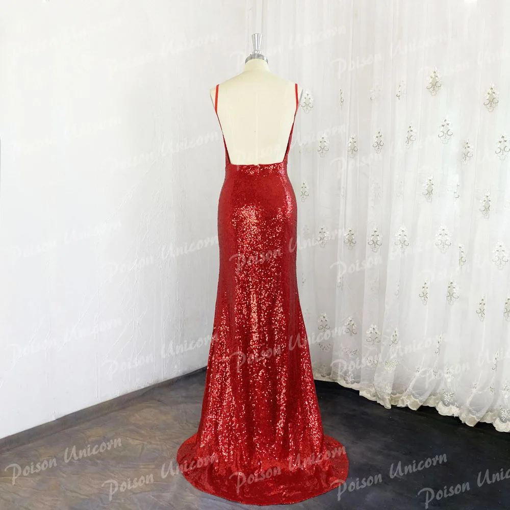 Sexy 2020 Red Cheap Mermaid Prom Dresses Long Sequined Spaghetti Straps V Neck High Side Split Evening Gown Vestidos De Fiesta | Свадьбы и