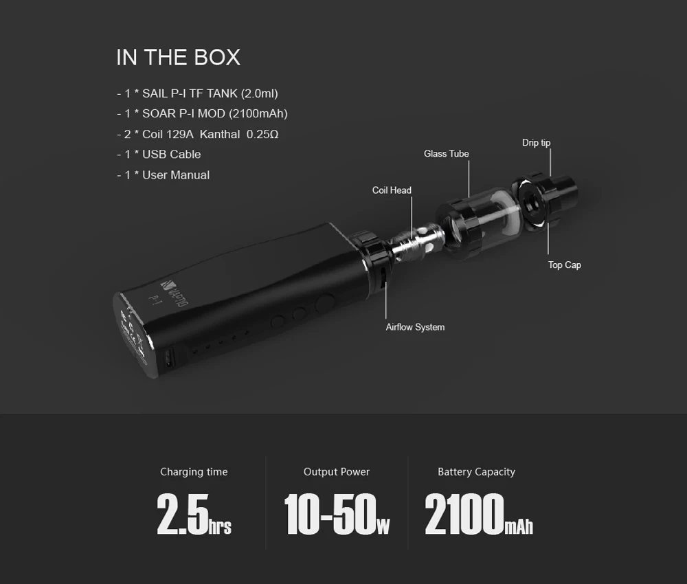 Электронная сигарета испаритель ручка 2100 мАч Vaptio P1/PALO комплект с 50 Вт встроенный аккумулятор 2,0 мл распылитель подходит 510 резервуар с резьбой