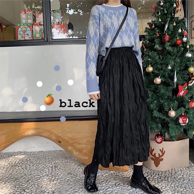 

Fashion Suede Fabric Elastic Waist Loose Pleated 2021 Chic Hot Women Streetwear Girls Solid High Waist Long Skirt