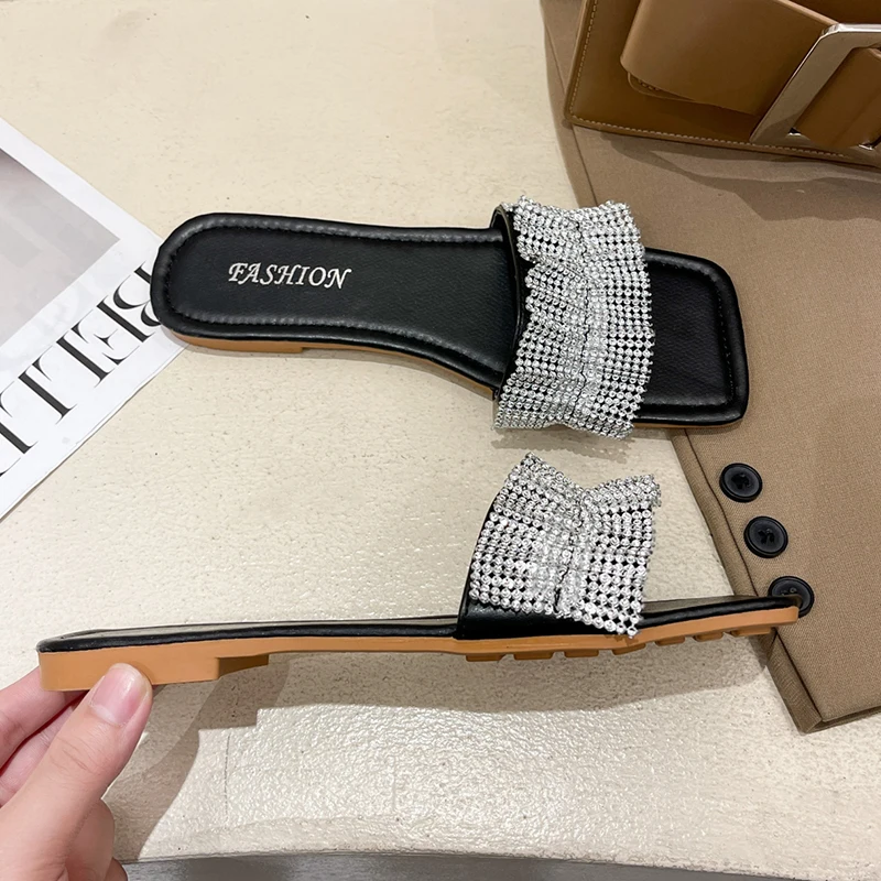 

Rimocy Bling Crystal Flat Slippers for Women Candy Colors Soft Bottom Beach Slides Woman Outdoor Casual Low Heel Sandals Female