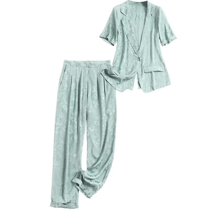 

Fashion Business Pant Suits Uniform Formal Single Breasted Jacket and Long Pant Jacquard Blazer Set Women OL 2 Two Pieces Suits