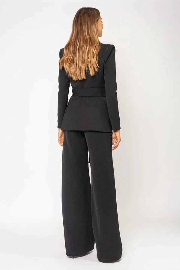 

Winter Europe America Office Ladies Black White Deep V Neck Long Sleeves With Bow Blouse Pants High Street Women Sets