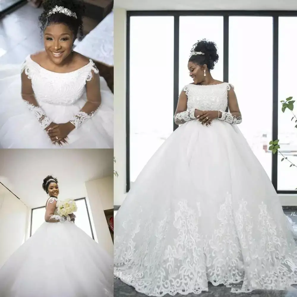 

Amazing Lace Designer Princess Wedding Dresses Pearls Jewel Neck Illusion Long Sleeves African Wedding Bridal Gowns Vestido