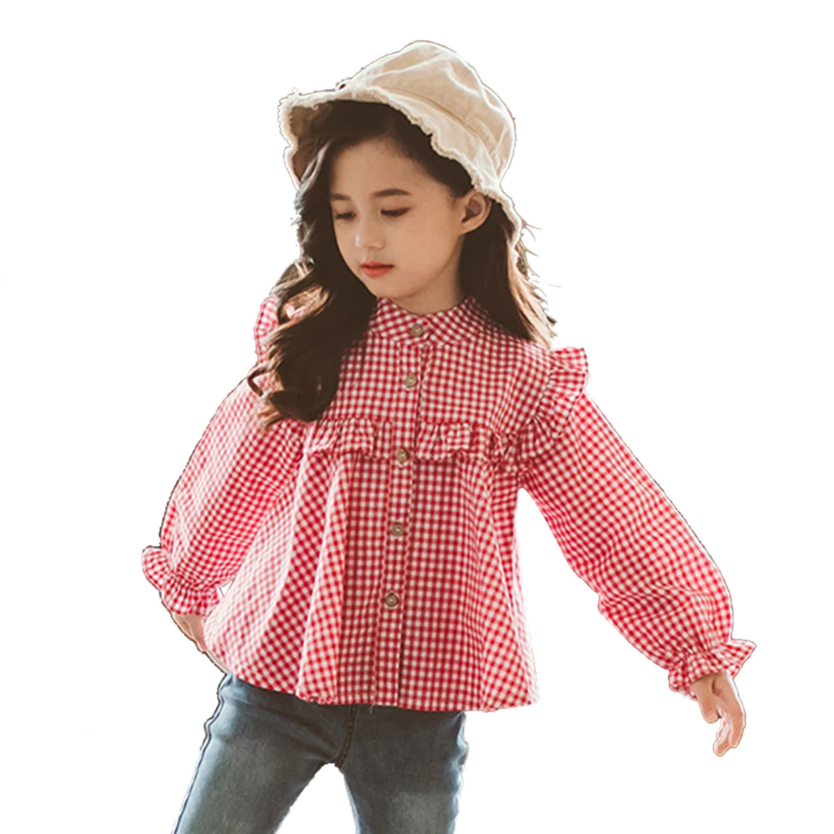 

Oyolan Girls Shirts Spring Autumn Baby Tops Red Plaid Print Button Closure Sweet Long-Sleeved Ruffle Hem Blouse Kids Clothes