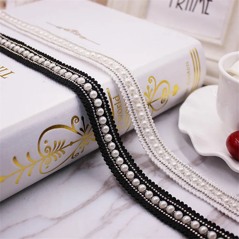 1 ярдов/партия белый/черный жемчуг отделка бисером кружево лента ткань кружевной