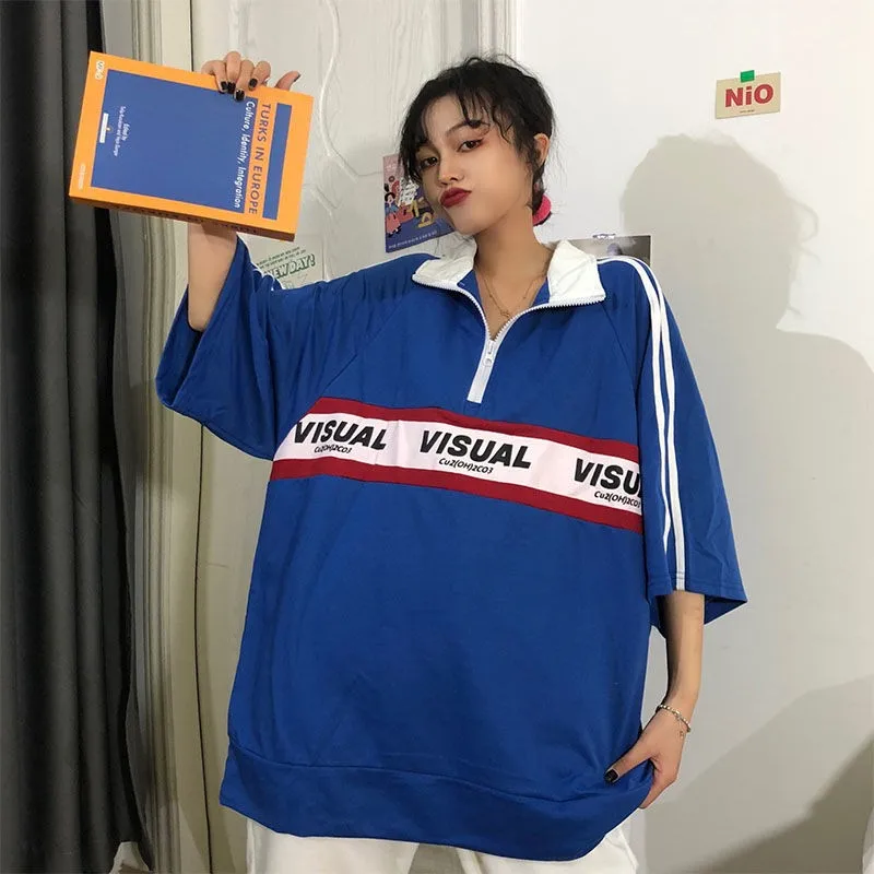half-sleeve harajuku bf style women tops 2020 new spring t shirt letter printing zipper Turtleneck clothes student polo | Женская одежда