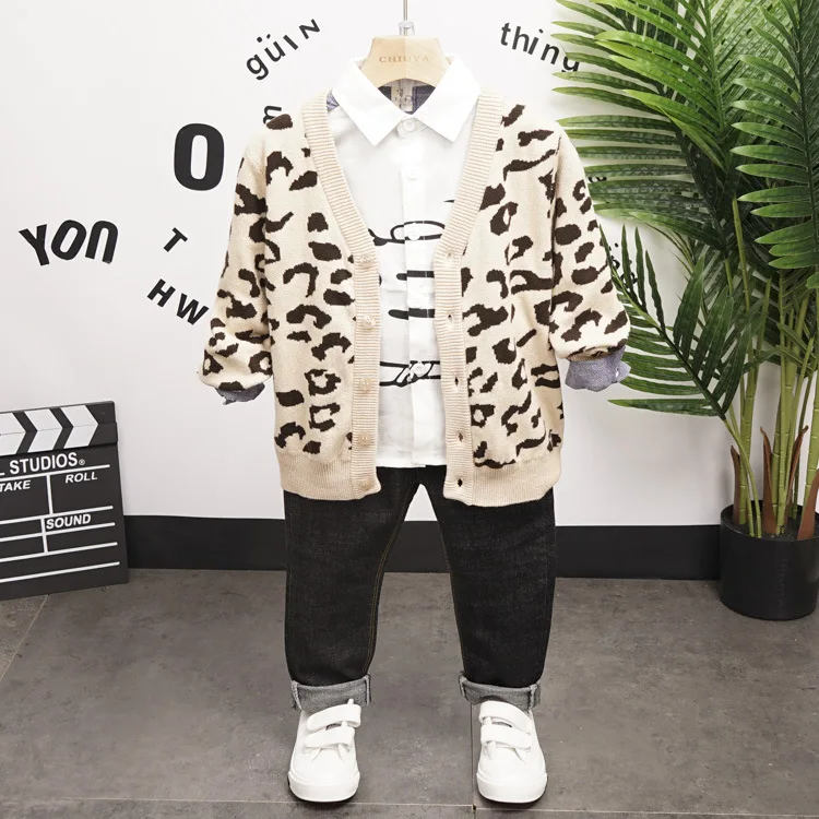 

Spring Autumn Baby Boys Clothes Infant Cotton Leopard Print Sweaters, Shirts, Jeans 3pcs Kids Garment Children Casual Sport Suit