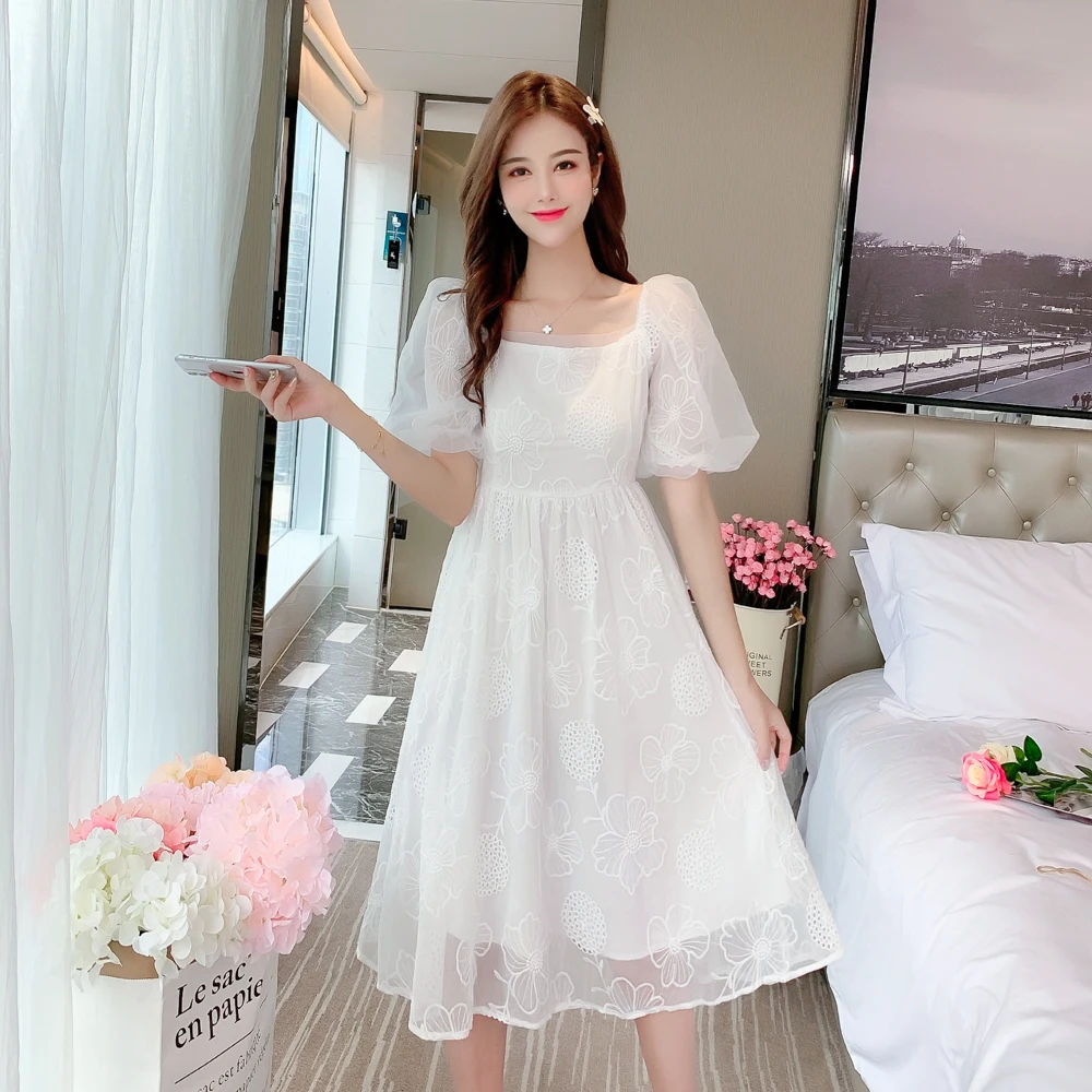 

2021 New Summer Dress Women Fashion Square Collar Dress White Puffy Sleeves Dress Korean Style Floral Girl Female Vestidos