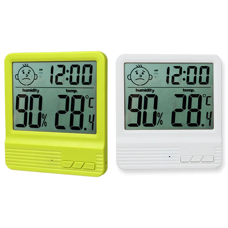 1PCS Digital Thermometer Hygrometer Meter Indoor Smile Face Temperature Humidity Monitor Date Time Display With Clock 4 Colors |