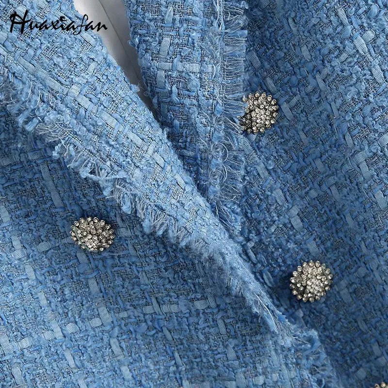 

Huaxiafan Woolen Plaid Coat Women Suit Autumn Jackets Casual Blue Elegant Ladies Office Chic Outerwear Female 2020 New Design