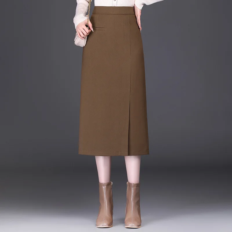 

Осенне-зимняя модная облегающая Повседневная прямая юбка средней длины с высокой талией для женщин, элегантный шикарный женский костюм, юб...