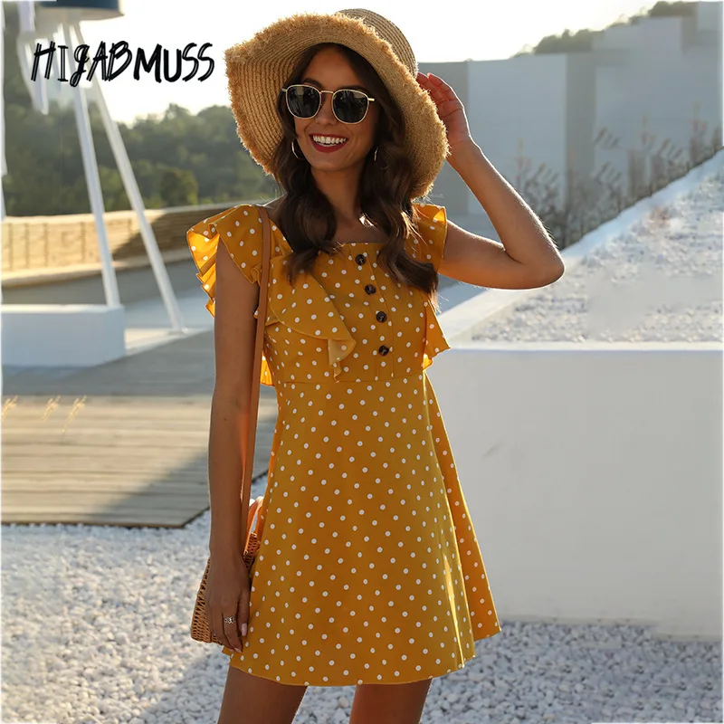

Spring And Summer Women Clothing New Fashion Hot Style Wave Dot Stitching Ruffled Square Collar Sleeveless Short Elegant Dresses